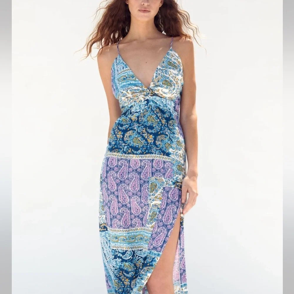 NWT Zara Blue Printed Midi Dress with Knot